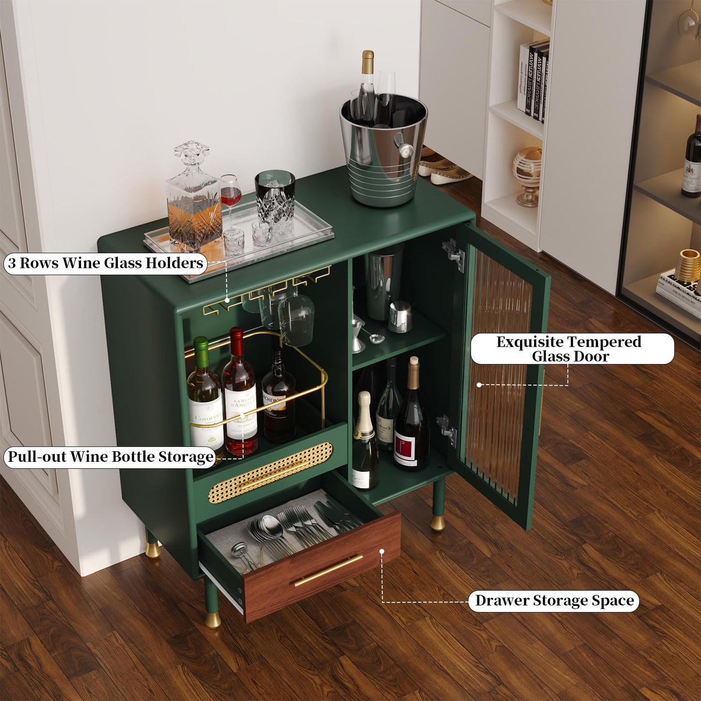 ARTPOWER Modern Coffee Bar Cabinet with Wine Glass Rack and Drawers, Green Liquor Cabinet with Pull-Out Wine Storage for Kitchen, Dining Room, Living Room