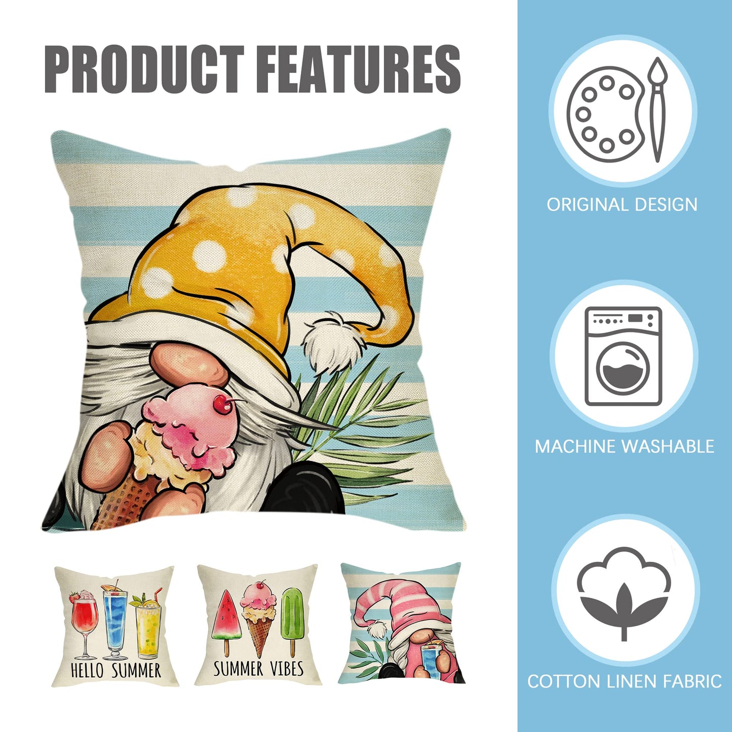 Fahrendom Hello Summer Vibes Gnome Decorative Throw Pillow Cover 18 x 18 Set of 4, Ice Cream Popsicle Juice Porch Patio Outdoor Pillowcase, Stripes Seasonal Farmhouse Couch Cushion Case Home Decor