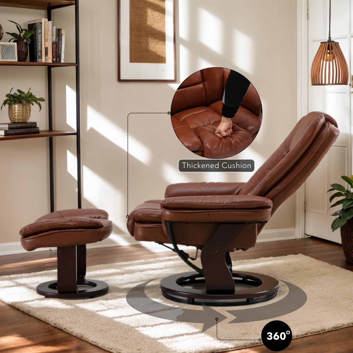 JC Home Argus Swivel Recliner with Ottoman, PU Leather & Wood Base Reclining Chair with Footrest, Ultra-Plush Double Foam for Living Room, Bedroom and Office