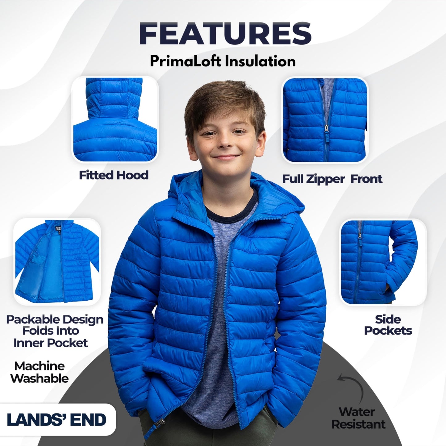 Lands' End Kids Full Zip Lightweight Thermoplume Hooded Jacket, Nautical Blue, Medium