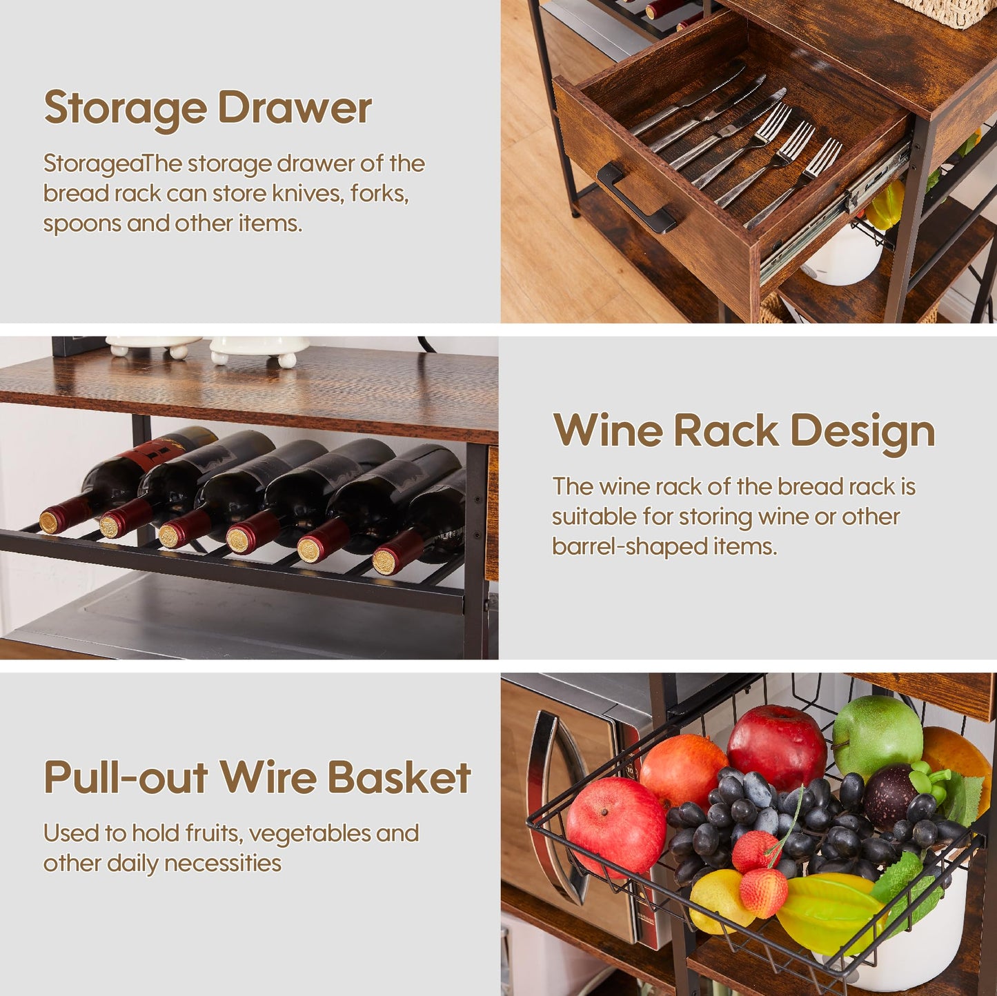 Large Bakers Rack with Power Outlets, 37.1 Kitchen Bakers Rack with Storage, 5-Tier Microwave Stand Kitchen Storage Rack with 9 S-Shaped Hooks and Wire Basket