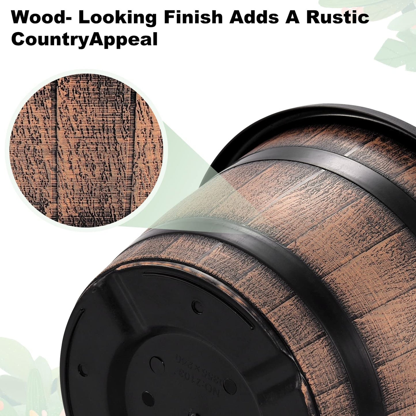 Quarut Large Plastic 3 Pack16 inch Plant Pots,Whiskey Barrel Planters with Drainage Holes & Saucer.Flower Pots Imitation Wine Barrel Design for Indoor & Outdoor Garden Balcony Plants.7 Gallons(Brown)