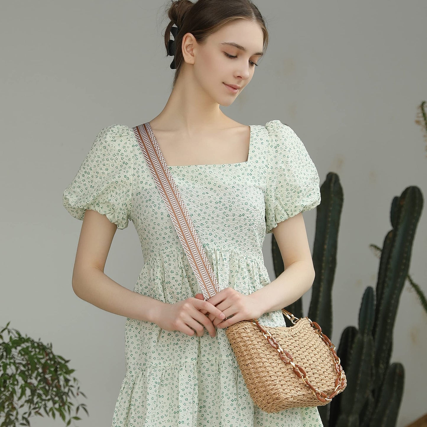 Herald Small Handmade Straw Crossbody Bag for Women, Summer Chic Woven Handbag Shoulder Purse with Chain & Guitar Strap (Coffee)