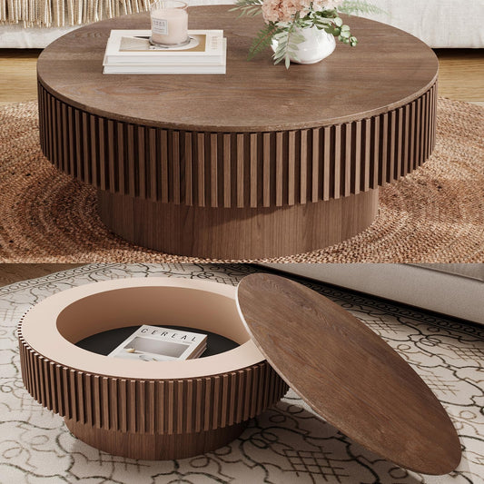 BSYEIO 31.5'' Round Coffee Table with Storage, Modern Luxury Circle Drum Center Tables with Solid Wood Veneered, Accent Side Coffee Table for Living Room, Bedroom, Apartment-Walnut