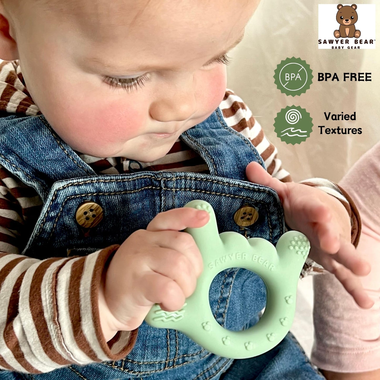 I Love You Silicone Hand Teether by Sawyer Bear Baby Gear, Teethers for Babies 3-6 Months, Soft Teething Toys 6-12 Months bpa Free, Massaging Teething Relief (Light Green)