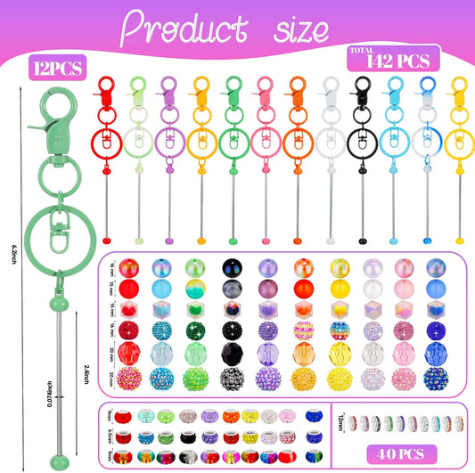 Wurosi 142 Pcs Beadable Keychain Making Kit, Including 12 Pcs Beadable Keychains Bars Blanks, 130 Pcs Bubblegum Beads Spacer Bead, Keychain Beads Supplies for DIY Crafts Jewelry Making Gift