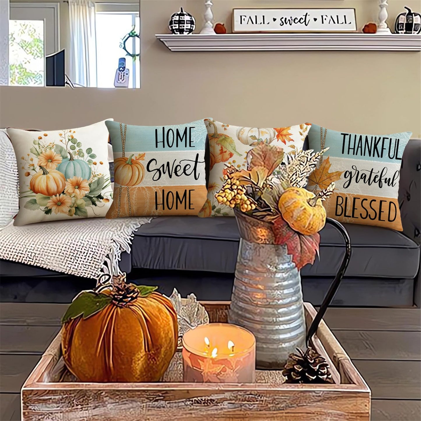 NIGHTWISH Fall Pillow Covers 18x18 Set of 4 Thanksgiving Farmhouse Decorations Floral Pumpkin Outdoor Fall Decor Throw Pillow Covers Home Sweet Home Harvest Autumn Cushion Case for Sofa Couch