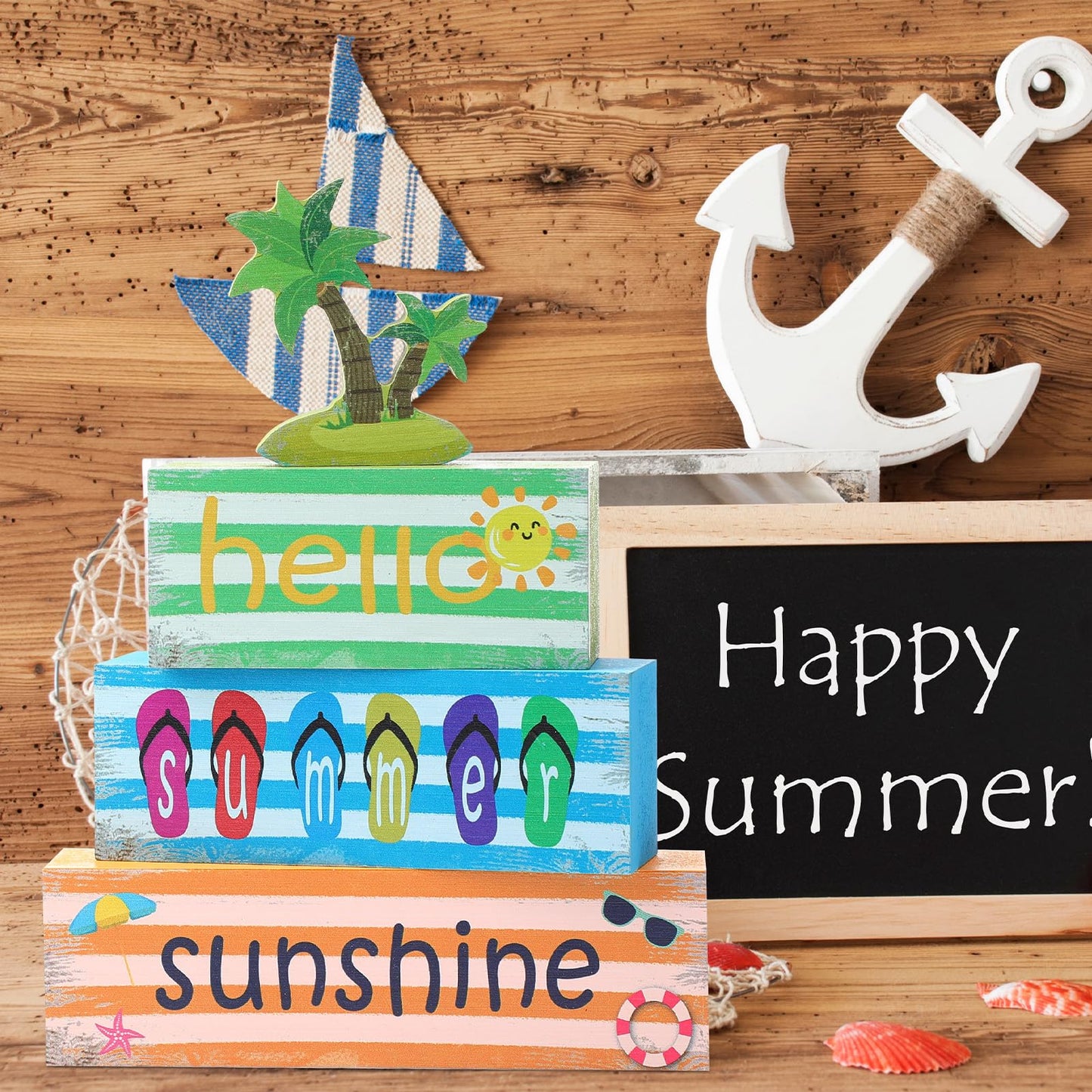 Hello Summer Wooden Tiered Tray Decor - Rustic Farmhouse Table Centerpiece & Shelf Decor for Home Office Indoor, Summer Tabletop Sign Blocks with Books Stack Design,Kitchen Decorations(Set of 4)