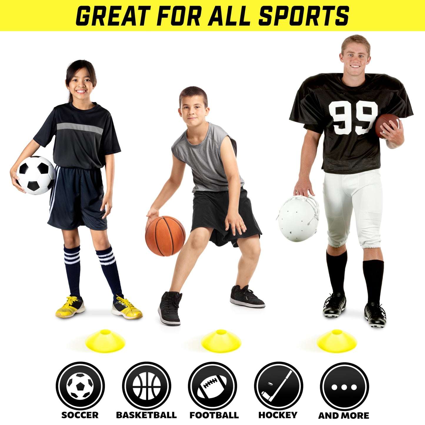 GoSports Premium Sports Cones for Agility Training and Drills - 20 Pack with Tote - Yellow