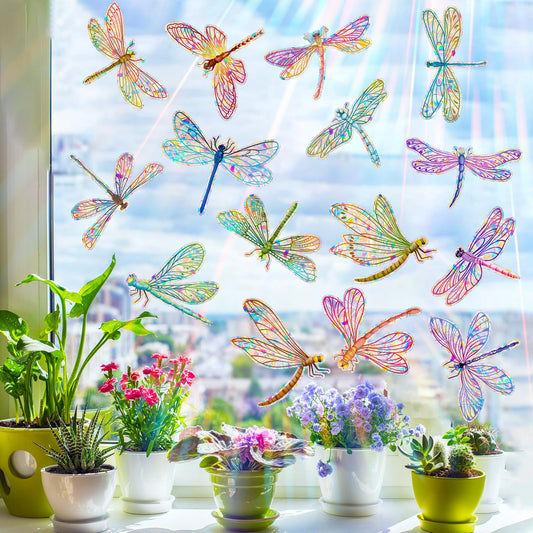 Suplanet Dragonfly Window Clings for Glass Windows, Bird Anti Collision Window Stickers for Birds, Window Decals to Prevent Bird Strikes, Non Adhesive Window Prism, Sun Catchers Indoor Window