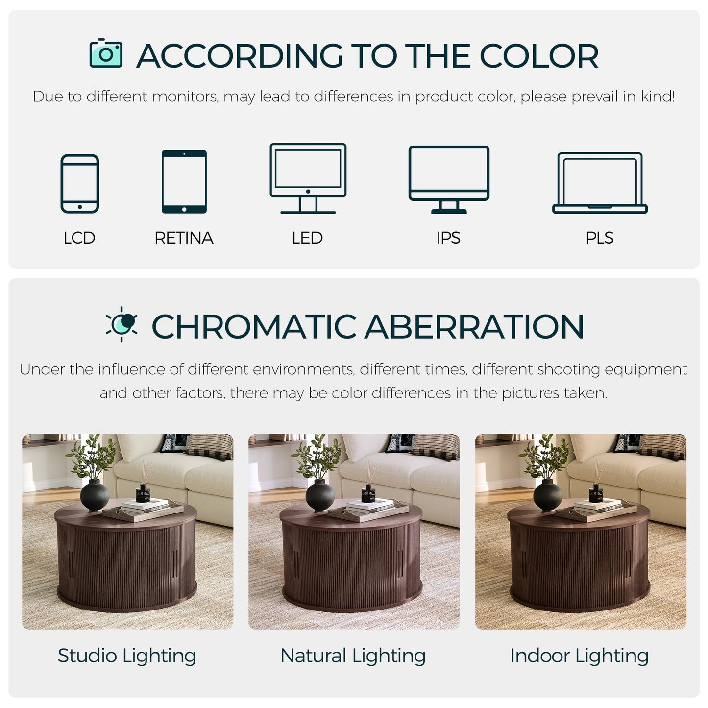LINSY HOME Round Coffee Table, 31.5" Drum Coffee Table with Sliding Tambour Door, Fluted Accent Center Table with Storage, Mid Century Modern Coffee Table for Living Room, Walnut
