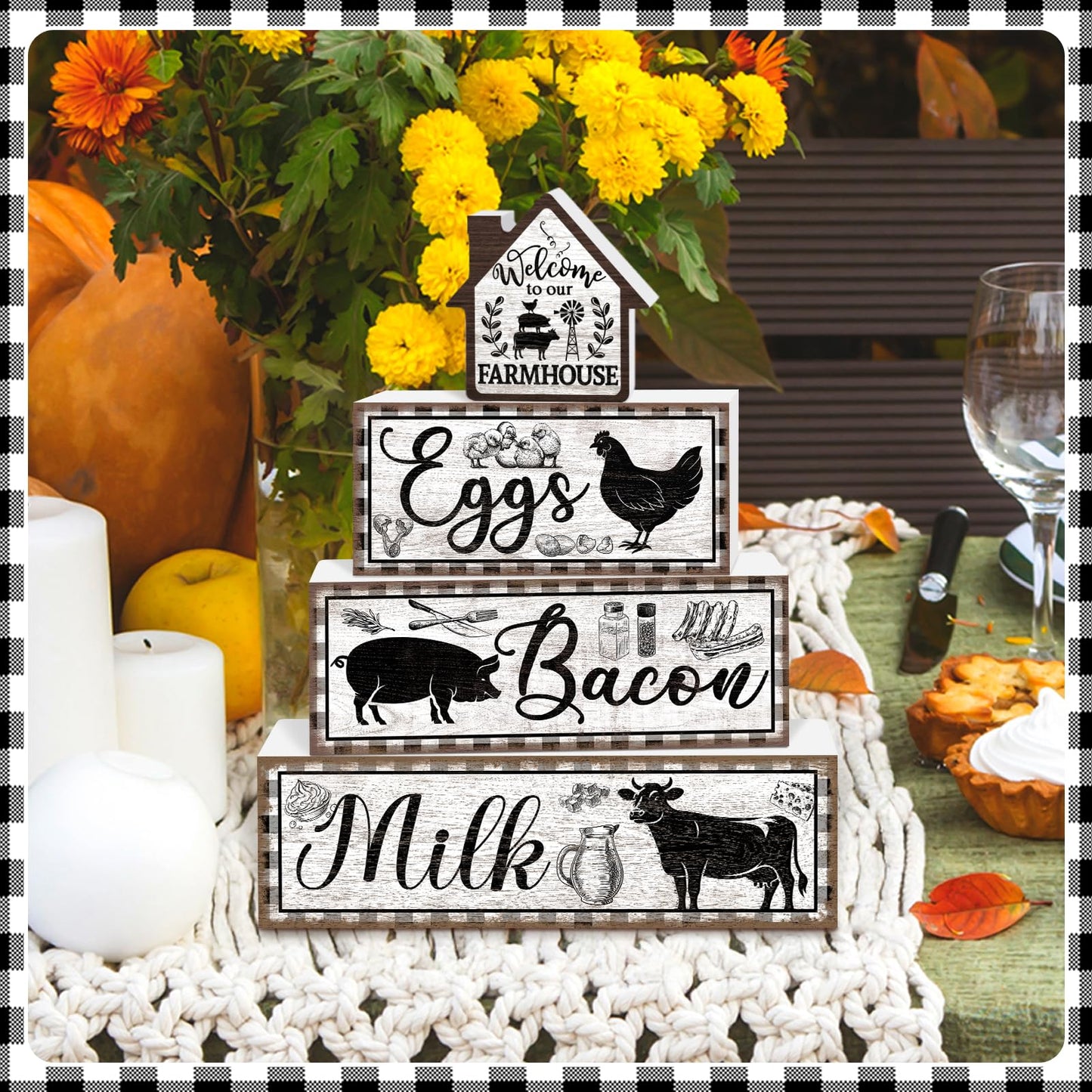 TOMPOP 4 Pcs Farmhouse Decor Wooden Tiered Tray Signs, Rustic Rooster Pig Cow Decorative Faux Book Stack Block Farm Animal Distressed Tabletop Centerpieces for Home Kitchen Shelf Table Decorations