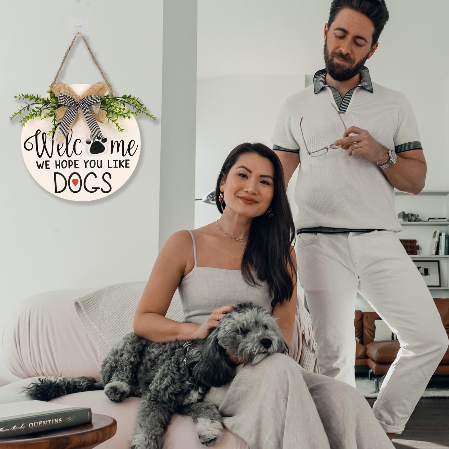 Interchangeable Welcome Wreath Sign for Front Porch Decor -Farmhouse Round Wood Wreaths Wall Hanging We Hope You Like Dogs Signs, Housewarming Gifts for All Seasons Halloween Christmas Home Decoration