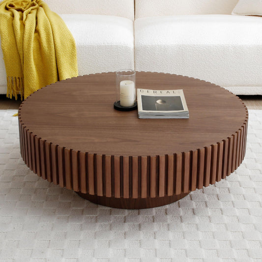 JURMALYN Walnut Round Coffee Table for Living Room Contemporary Circle Wood Coffee Table with Pedestal, Easy Assembly ø31.49'',