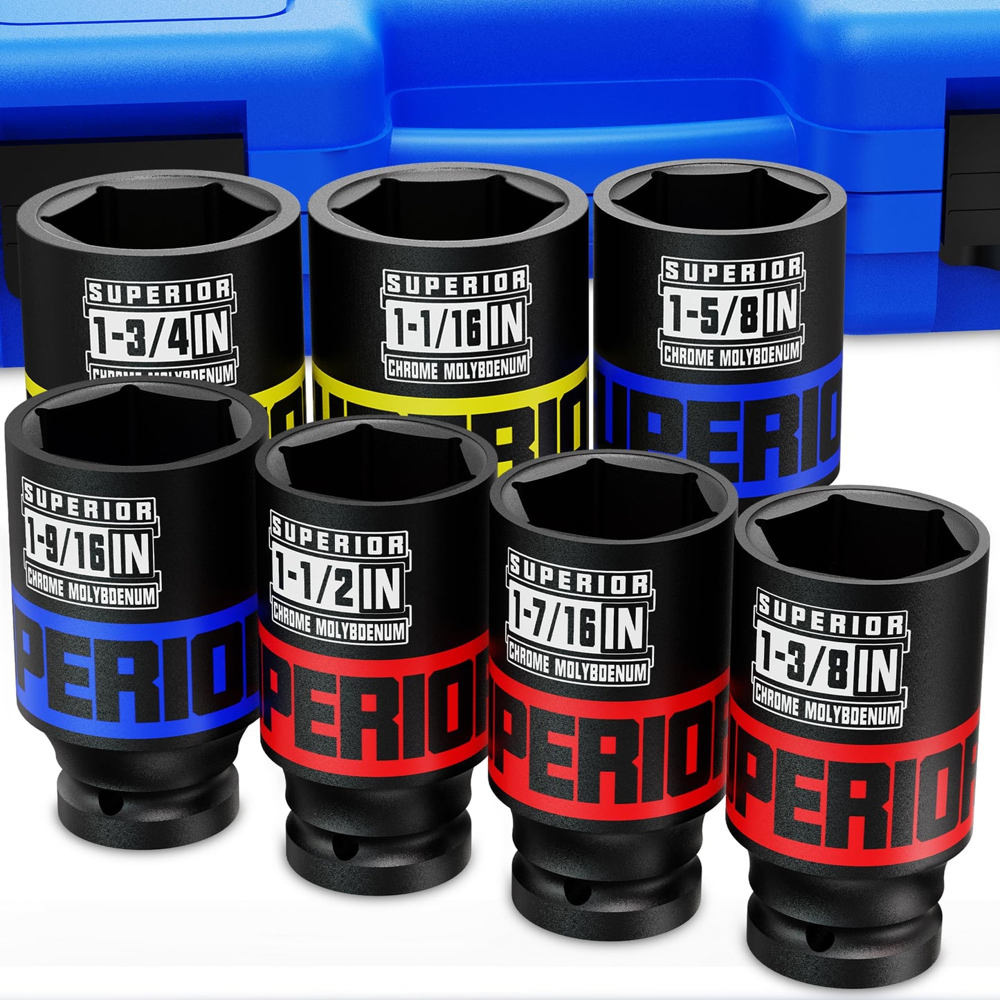 7 Piece 1/2” Drive Deep Axle Nut Impact Socket Set, SAE, 1-3/8" - 1-3/4", CR-MO, 6 Point, Use in Large Equipment Maintenance, Home Repair, Car Repair and More