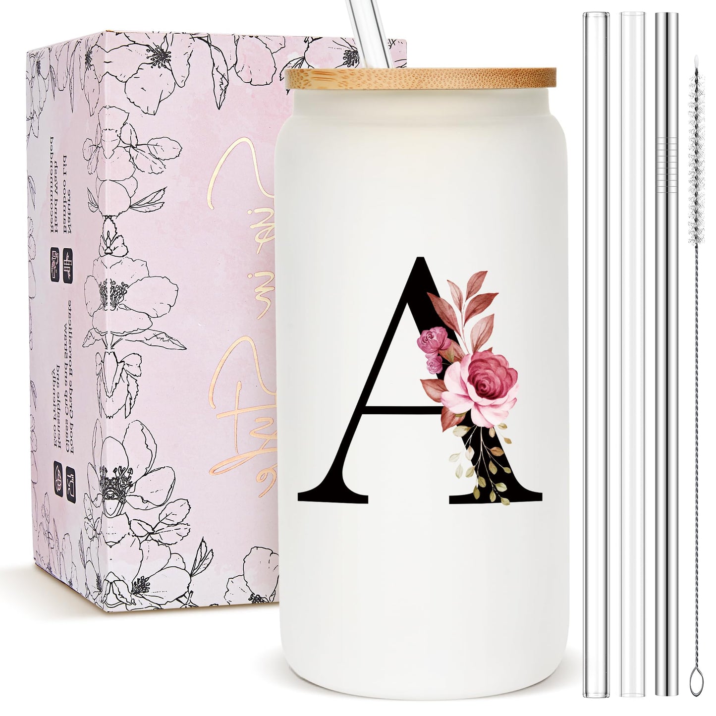 Personalized Gifts for Women, Monogrammed Frosted Glass Tumbler with Straw and Lid, Cute Customized Mug, Custom Initial Iced Coffee Glasses, Customizable Drinking Cup, Birthday Teacher Woman, S