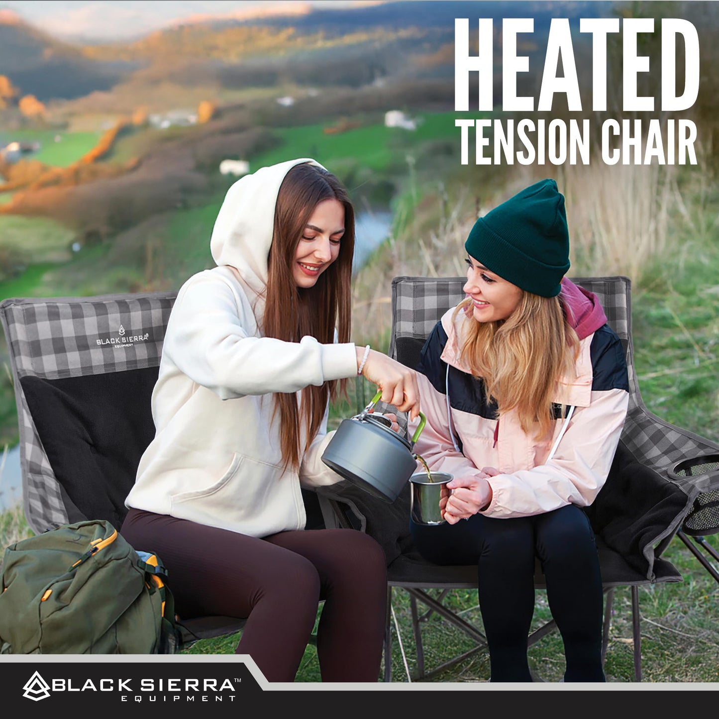 Black Sierra Heated Camping Chair with Battery – XL Fleece Foldable Seat, 3 Heat Settings, Heavy-Duty Steel Frame Supports 300 lbs – Portable, Lightweight for Camping, Sports, Patio, Events