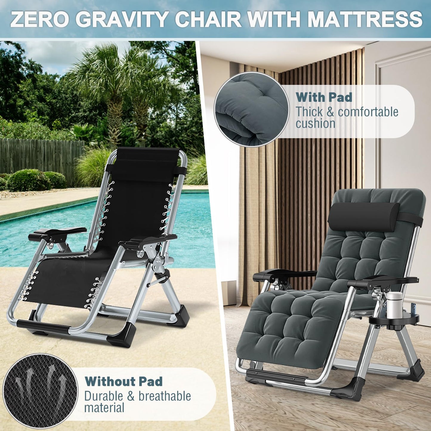 ABORON Zero Gravity Chair,Premium Outdoor Lawn Folding Lounge Chairs,Sturdy Adjustable Reclining Patio Chairs with Removable Cushion,Headrest & Tray