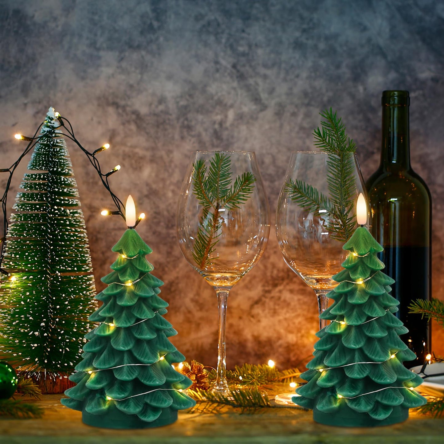 KunSwenn Christmas Tree Candles, 2 Pack Christmas Taper Candles with Remote Timer, Real Wax LED Flameless Taper Candlesticks Battery Operated with String Light for Christmas Decorations