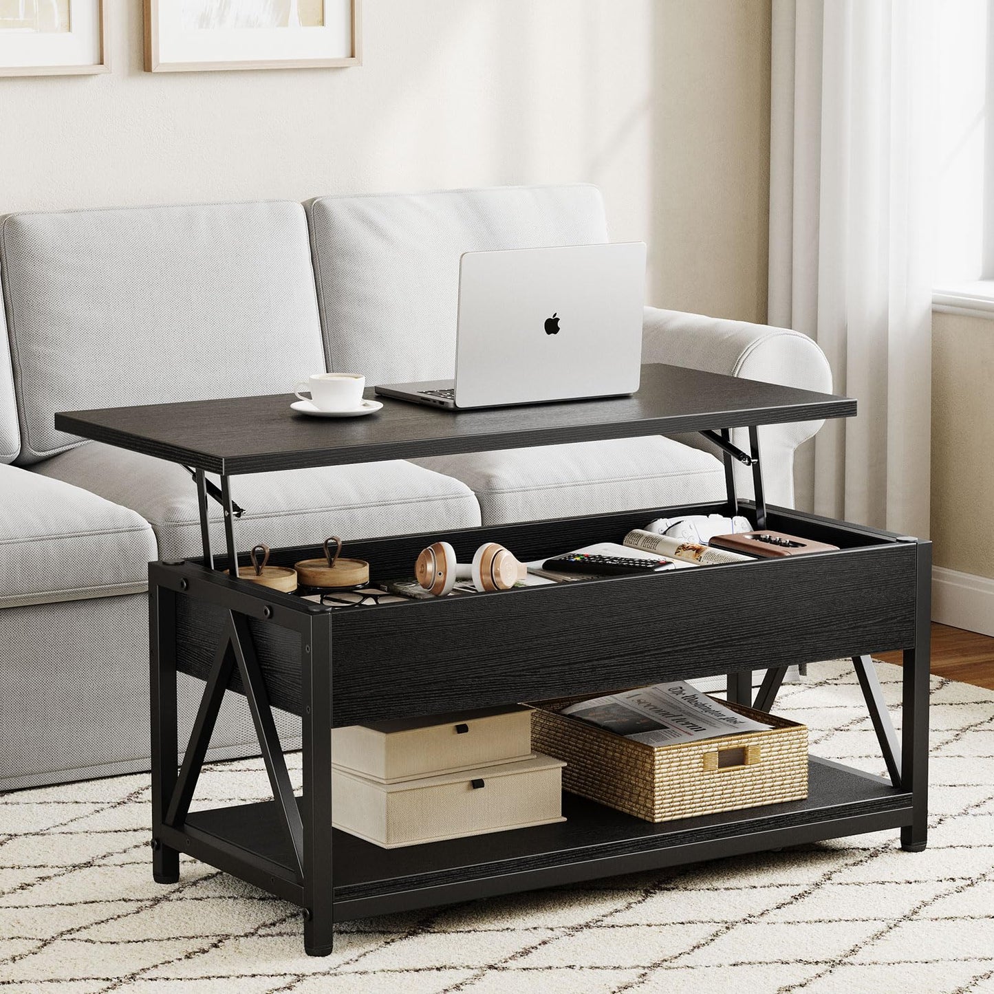 Memobarco Lift Top Coffee Table with Storage Shelf and Hidden Compartment for Small Spaces, Black