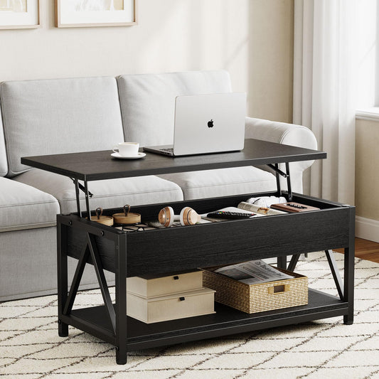 Memobarco Lift Top Coffee Table with Storage Shelf and Hidden Compartment for Small Spaces, Black