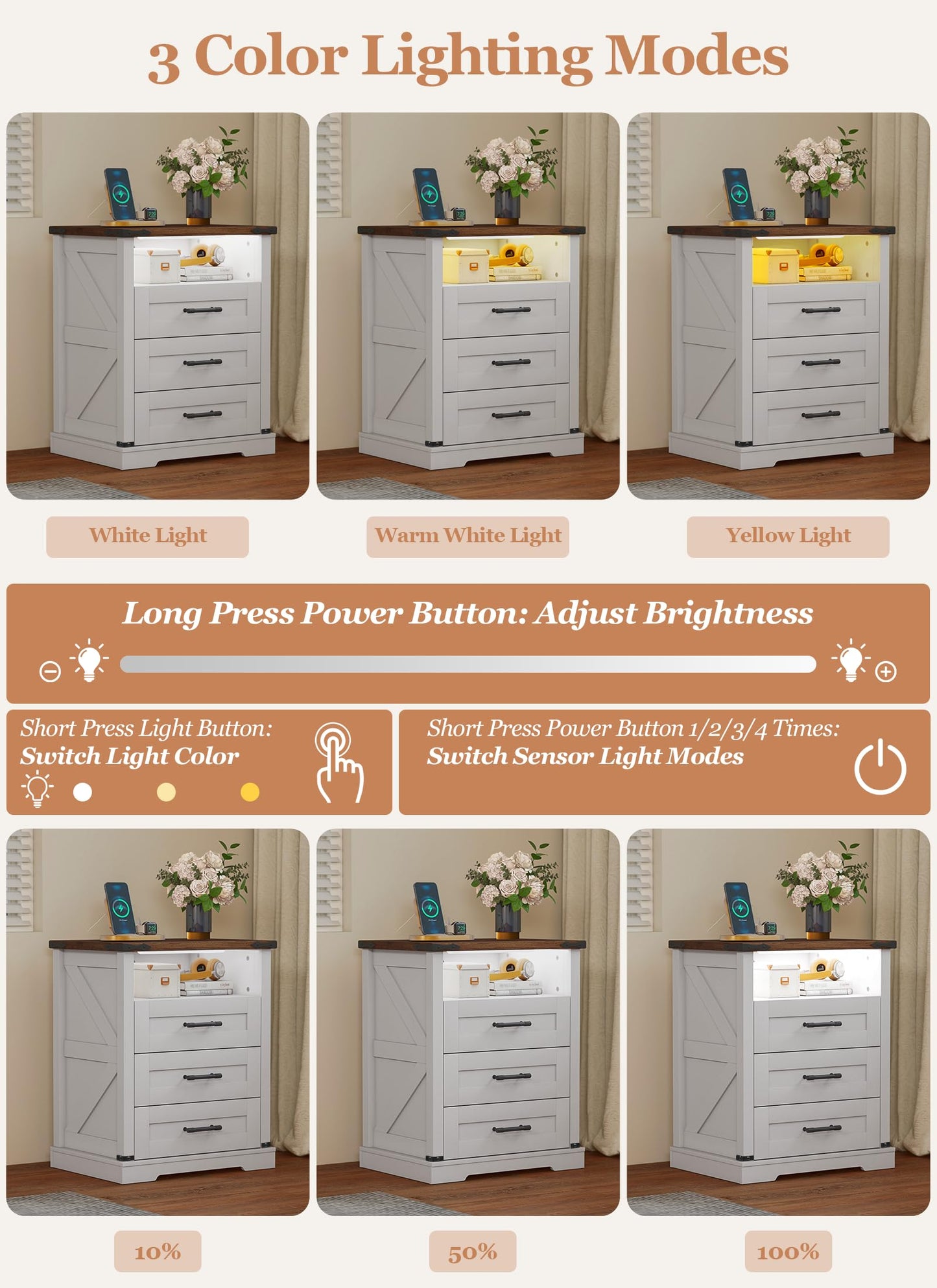 Night Stand with Charging Station 22" Large Farmhouse Nightstands with 3 Drawers and Open Storage Smart Bedside Table with Human Sensor LED Light End Tables for Bedroom Living Room White