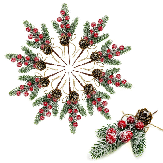 Red Berry Stems Floral Pine Cones Branches 10PCS Christmas Artificial Evergreen Pine Branches Holiday Floral Picks Holly Stem Craft for Decoration DIY Christmas Xmas Garland Wreath Decoration