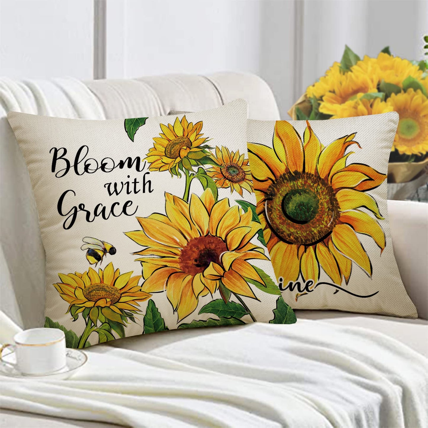 Fahrendom Sunflower Sunshine Decorative Throw Pillow Cover 18 x 18 Set of 4, Spring Summer Home Sweet Home Blessed Porch Patio Outdoor Pillowcase, Fall Autumn Flower Farmhouse Couch Cushion Case Decor