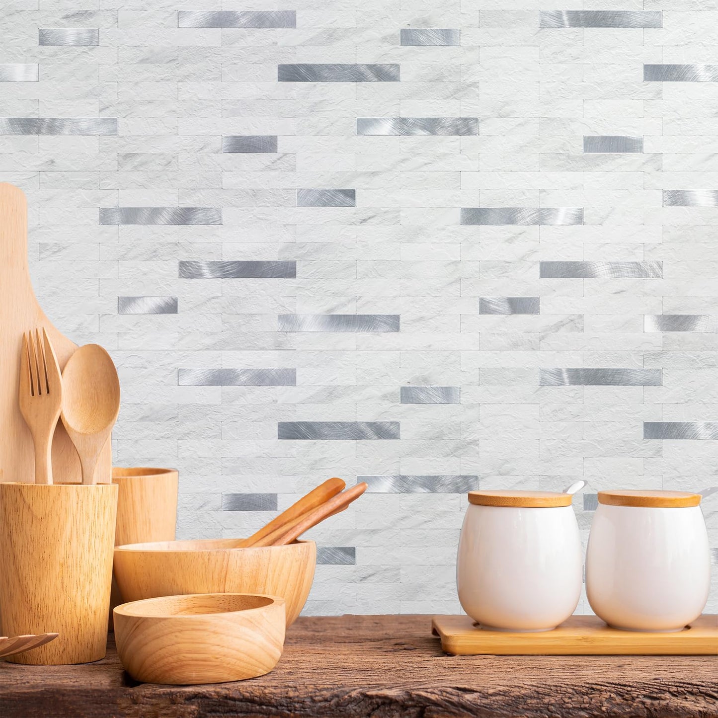 StyloVue 2 Sheets Peel and Stick Backsplash for Kitchen, White Marble with Metal Silver Look Stick on Tile Upgrade Your Kitchen Backsplash, RV, Fireplace