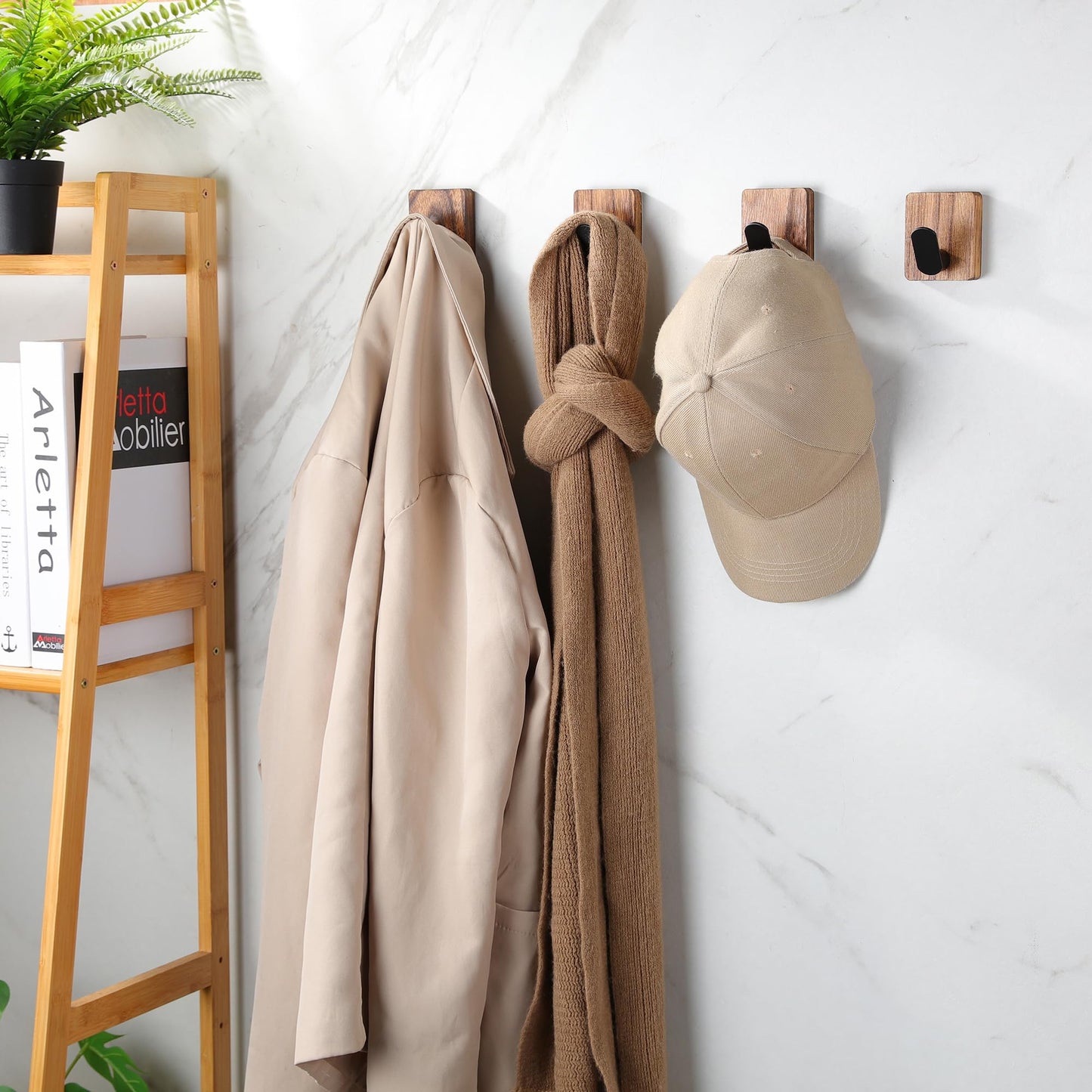 DELITON Towel Hooks for Bathrooms Adhesive, Wood Wall Hooks for Hanging Towels, Robes, Key, No Damage, 4 Pack Utility Hooks for Bathroom and Bedroom