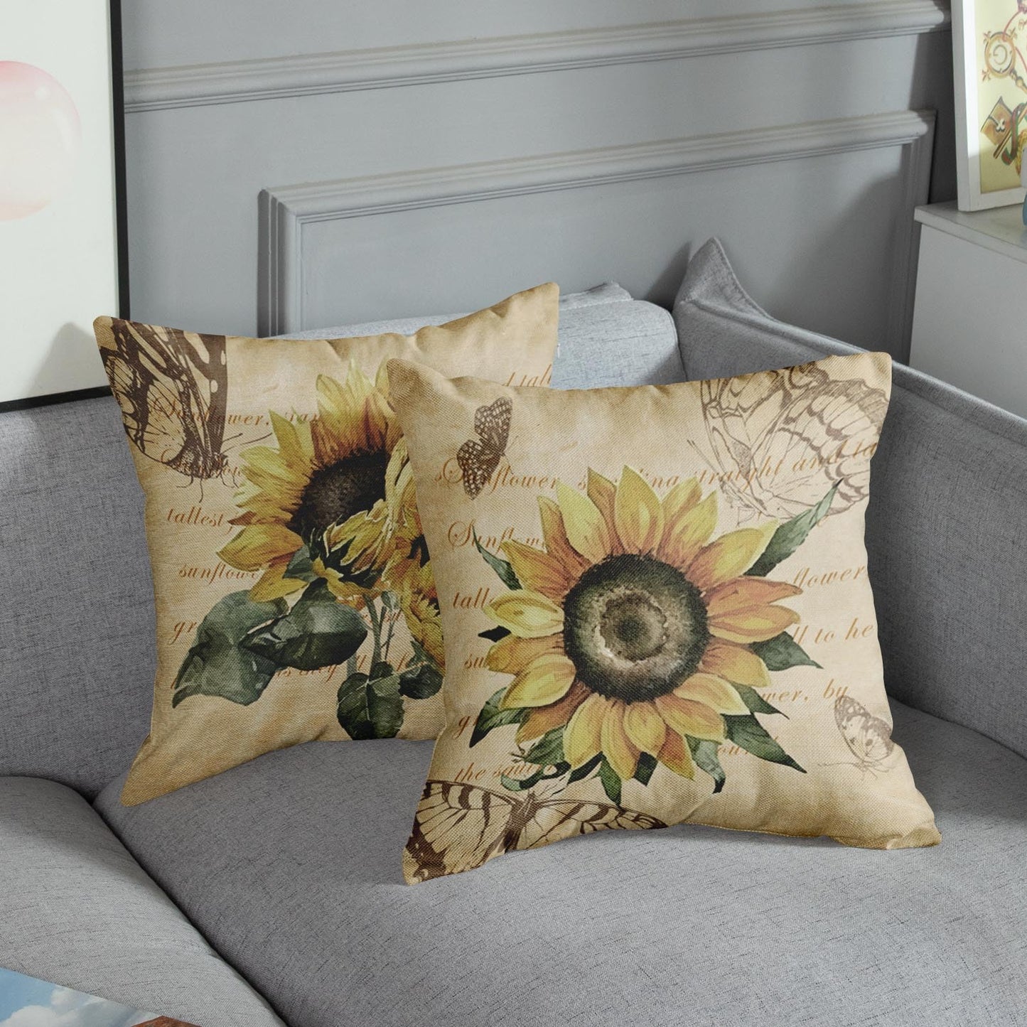 Sanwarm Throw Pillow Covers Home Decor Set of 4 Floral Sunflower Yellow Flower Green Pillow Cases Decorative 18 x 18 Inches Outdoor Cushion Couch Sofa Pillowcases