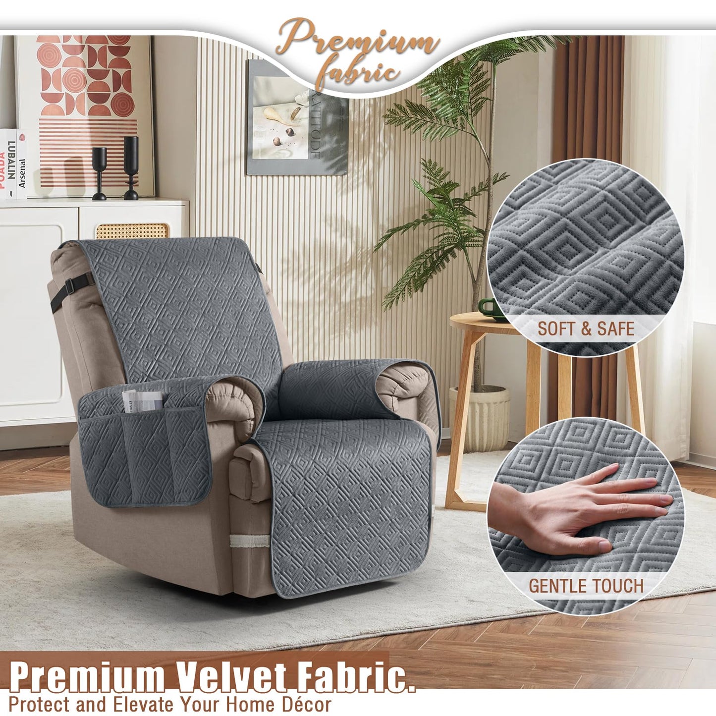 Timeles 100% Waterproof Recliner Chair Covers, Recliner Cover That Stay in Place with Pocket for Pets & Dogs,Furniture Slipcover Protector Washable (Medium: 23",Gray)