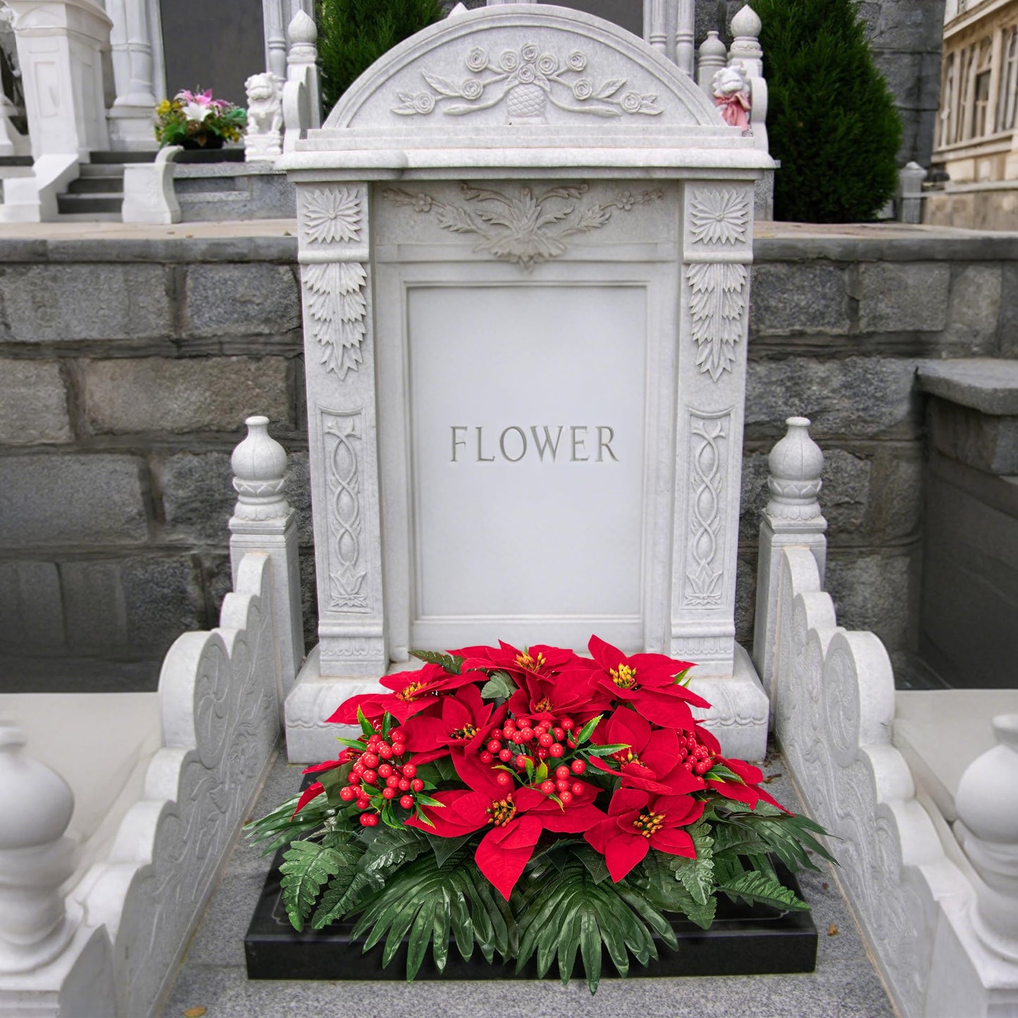 Uqueeten Poinsettia Flowers Artificial Christmas Grave Decorations for Cemetery Sympathy Flowers Cemetery Vases for Grave Fake Flowers Christmas Cemetery Decorations Plastic Christmas Flowers (Red)