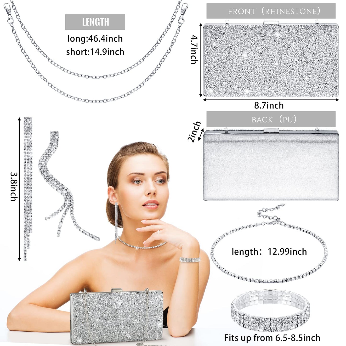 Kigeli 4 Pieces Women Rhinestone Evening Clutch Bag Bling Earring Necklace Bracelet for Wedding Formal(Silver)