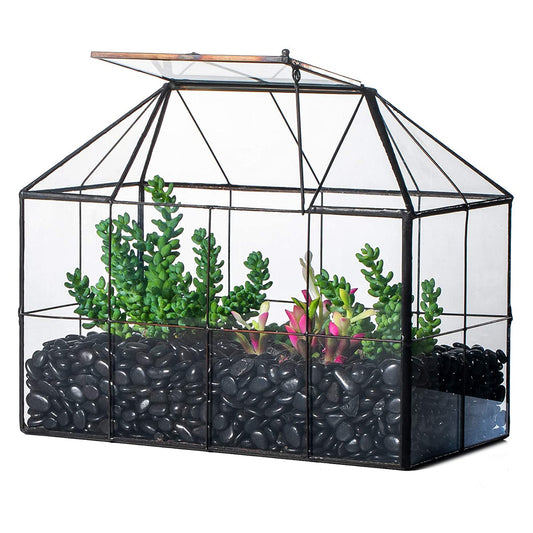 NCYP Glass Terrarium Planter with Lid for Small Succulent Cacti, Grid House Shape Black Geometric Terrarium Pot, Home Garden Indoor Tabletop Decor, 9.84" x 5.31" x 7.87" (No Plants)