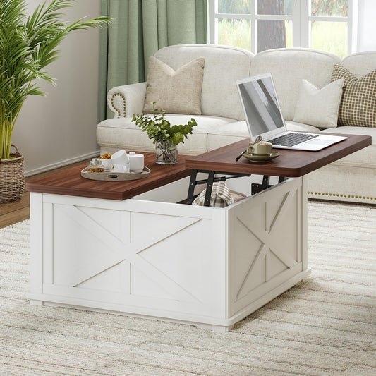 Airynee Farmhouse Coffee Table with Hydraulic Lifter, Square Coffee Table with Large Hidden Storage Compartment for Living Room, Wooden Coffee Tables with Brown Flip-Top Lids for Home Office, White