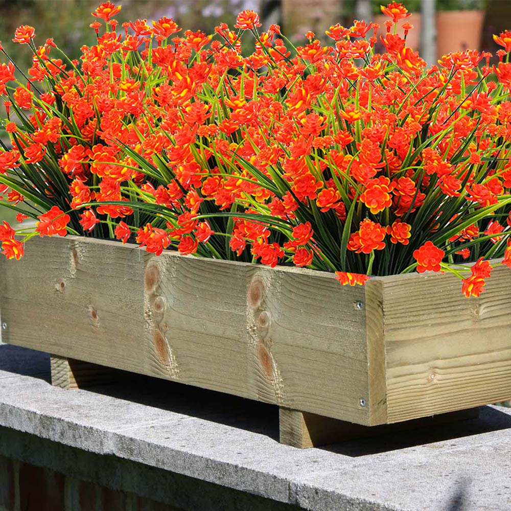 Grunyia Artificial Flowers, 20 Bundles Outdoor Fake Flowers for Decoration UV Resistant Faux Plastic Plants Garden Porch Window Box Décor (Orange)