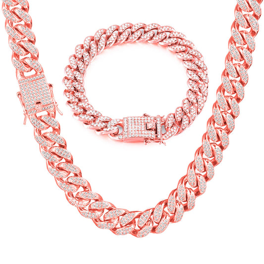 GIHENHAO 2pcs Cuban Link Chain for Men, Rose Gold Necklace and Bracelet, Miami Cuban Chains, Bling Diamond Chain for Hip Hop Jewelry