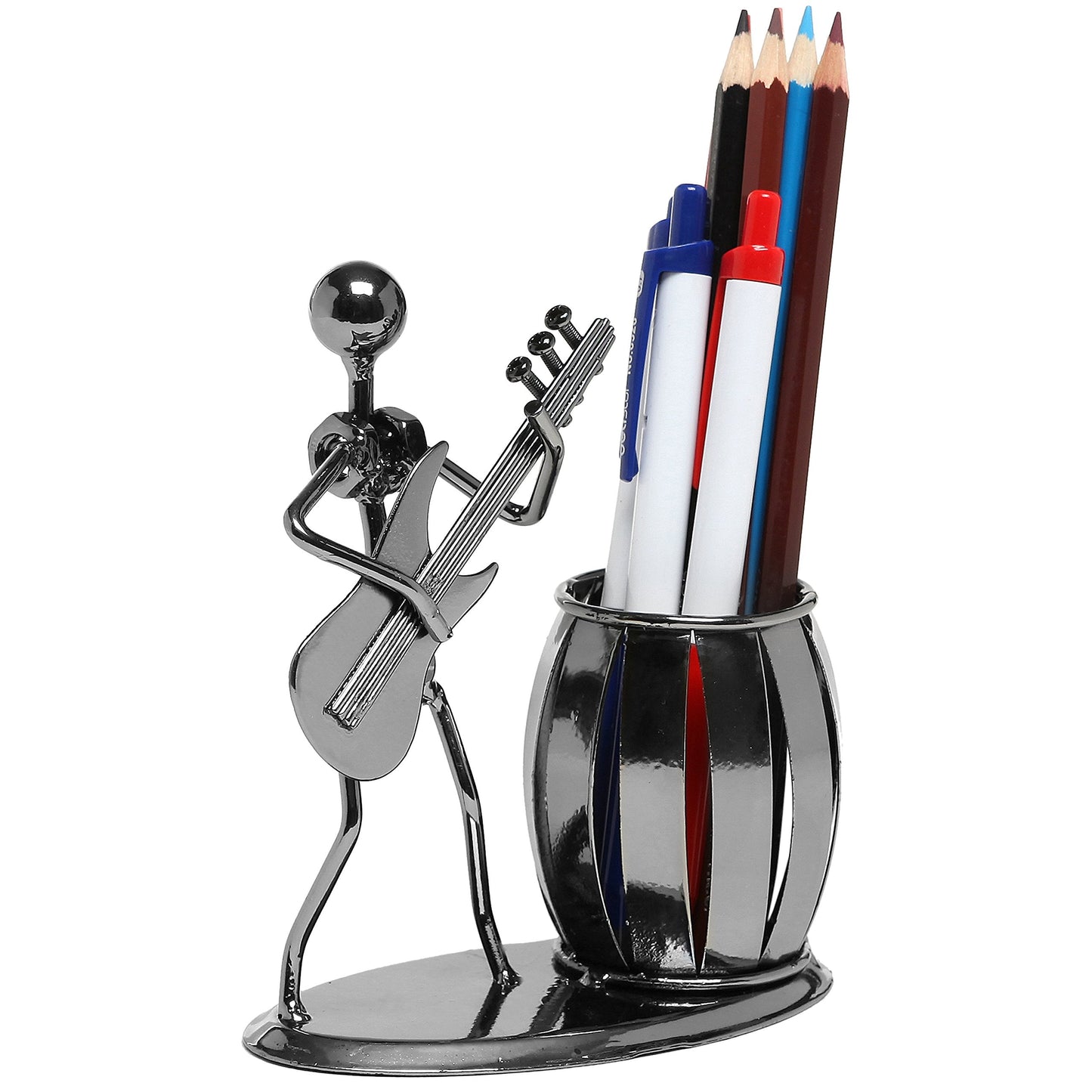 MyGift Decorative Gunmetal Gray Metal Desk Pen Holder Cup with Rocker and Guitar Design, Office Supplies Organizer Pencil Cup