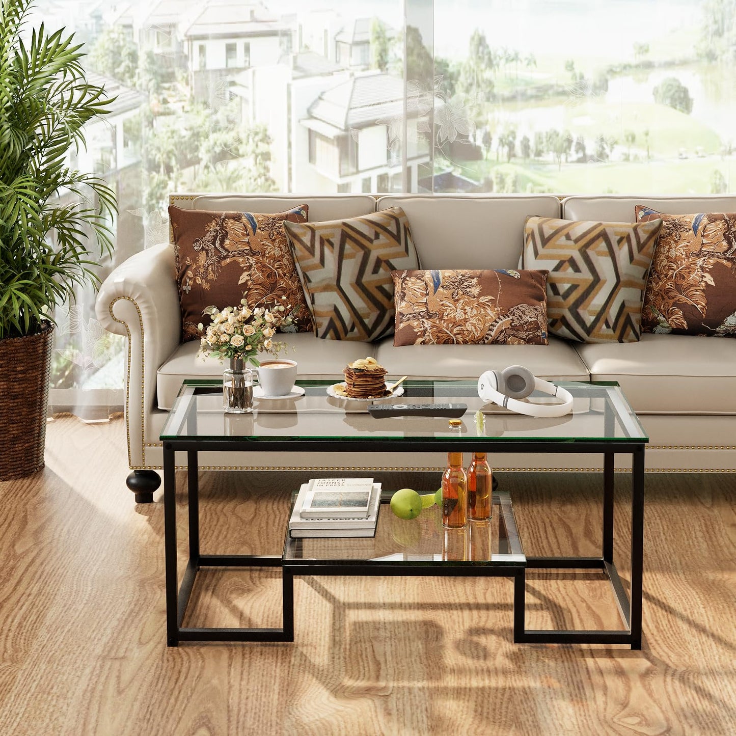 Wolawu Coffee Table Black Glass Coffee Table for Living Room,2 Tiers Rectangle Center Table with Sturdy Metal Frame,Modern Tempered Glass Accent Table for Bedroom Home Office