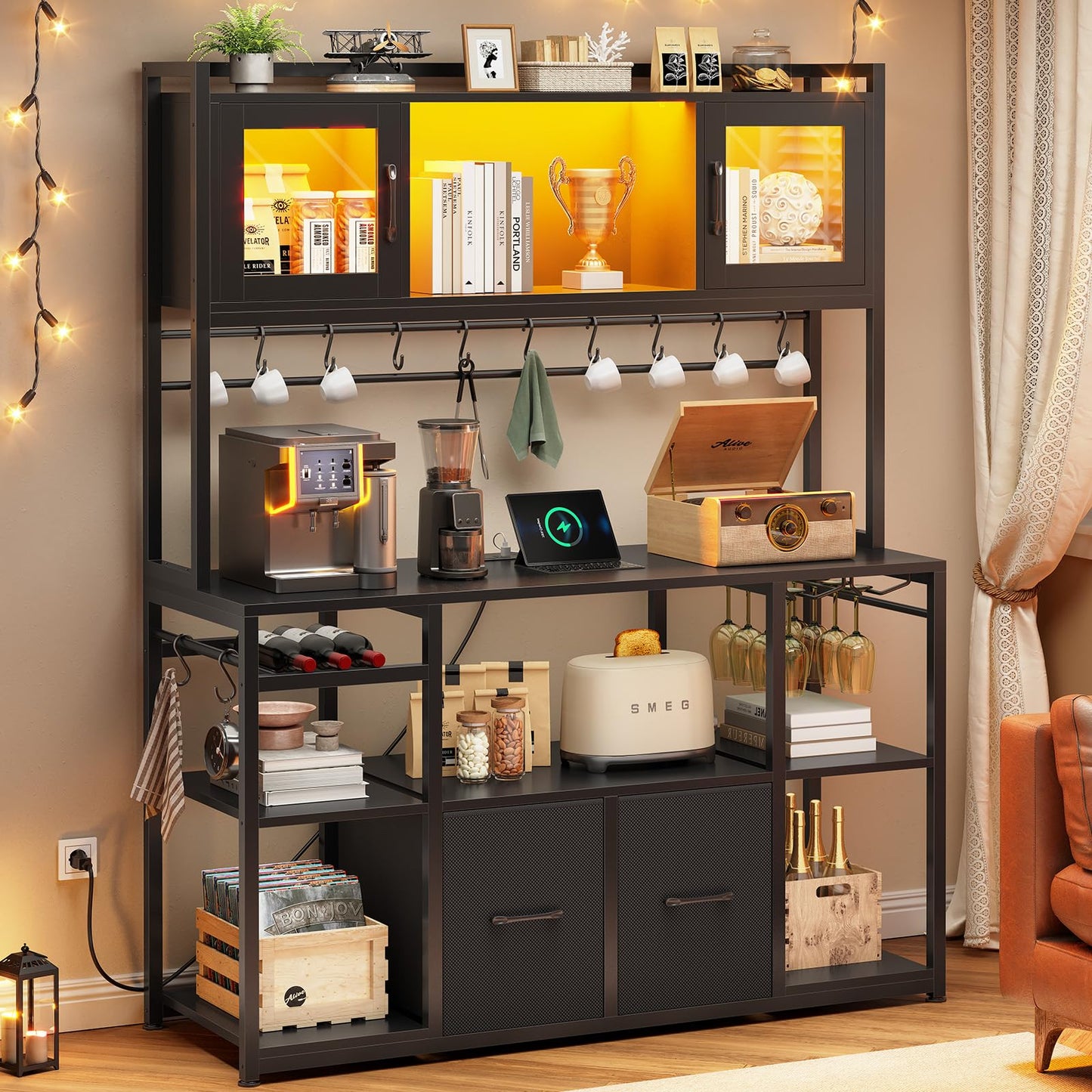 Itaar 47.2 Inch Coffee Bar Cabinet with Power Outlet, Farmhouse Bakers Rack with Storage, Kitchen Microwave Stand with Wine Rack, LED Light, Glass Cabinet, Goblet Holder and 12 Hooks (Black)