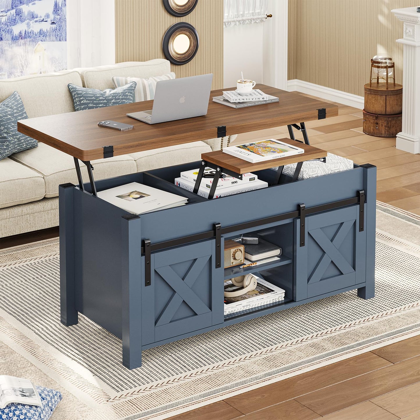 SEDETA Lift Top Coffee Table, 4 in 1 Multi-Function Convertible Coffee Tables with Storage and Hidden Compartment, Farmhouse Coffee Table Converts to Dining Table for Living Room, Blue