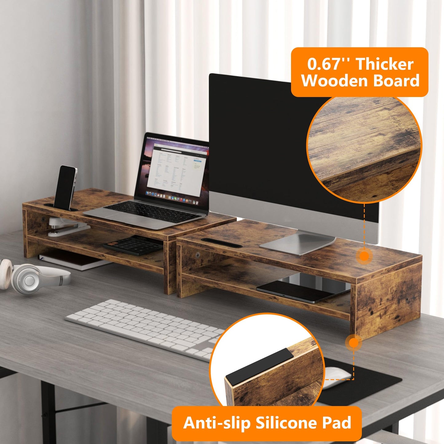 Wood Monitor Stand for Desk, 2 Tier Anti-slip Monitor Riser for Desktop with Phone Slot, Sturdy Computer Stand with Storage Shelves, Sturdy Laptop Riser Monitor Shelf, Easy to Assemble, Rustic Brown