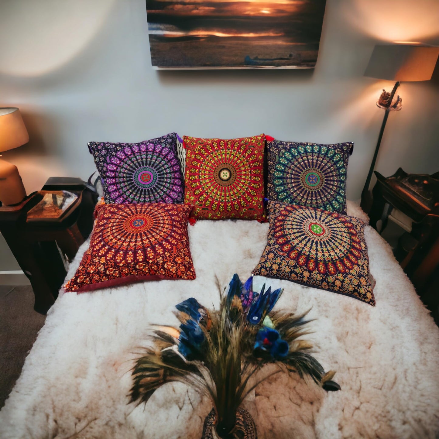 Third Eye Export 100% Cotton Mandala Pillow Covers Set of 5 Pcs Throw Pillows for Couch Decorative Pillow Covers 16x16 in. Boho Throw Pillows Farmhouse Pillow Covers for Arabian Night Party