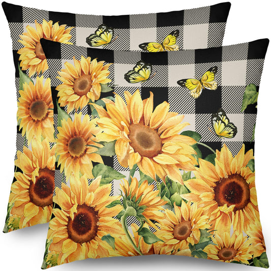 Sunflower Pillow Covers 18x18 Set of 2 Yellow Floral Butterfly Spring Summer Buffalo Plaid Outdoor Decorative Throw Pillows Farmhouse Pillowcases Linen Cushion Case Decor for Home Sofa Couch Bed