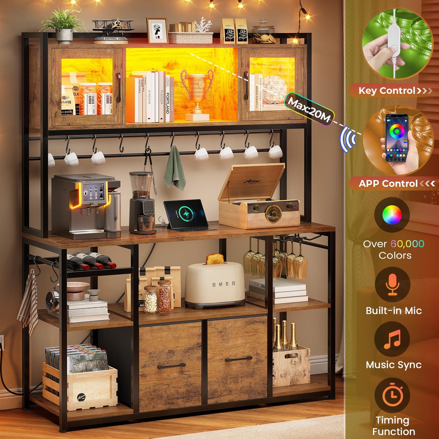 Itaar 47.2 Inch Coffee Bar Cabinet with Power Outlet, Farmhouse Bakers Rack with Storage, Kitchen Microwave Stand with Wine Rack, LED Light, Glass Cabinet, Goblet Holder and 12 Hooks (Rustic Brown)