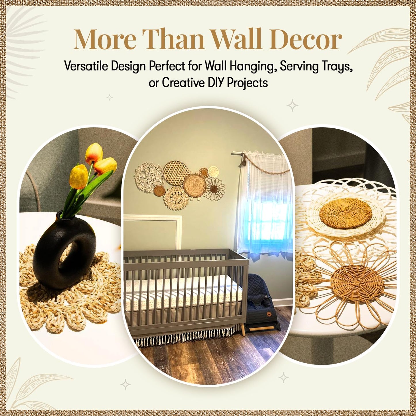 Boho Wall Basket Decor Set of 8 – Handmade Woven Seagrass & Rattan Wall Decor with Macrame Tapestry – Flat Round Boho Wall Art for Living Room, Bedroom, Kitchen, Wedding or Bohemian Wall Display