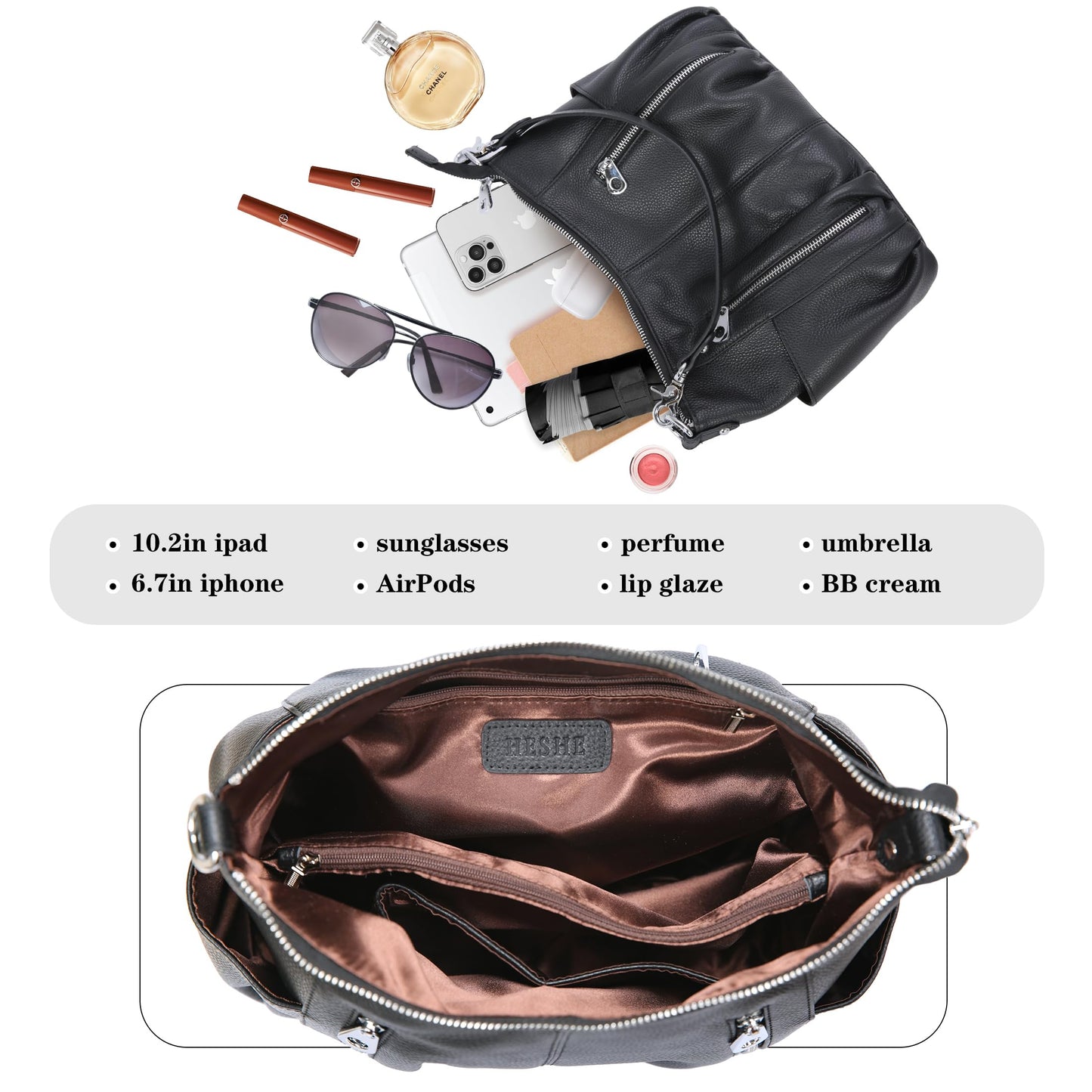 HESHE Genuine Leather Purses for Women Shoulder Hobo Bag Crossbody Satchel Handbags Designer Ladies Totes Purse(Black)