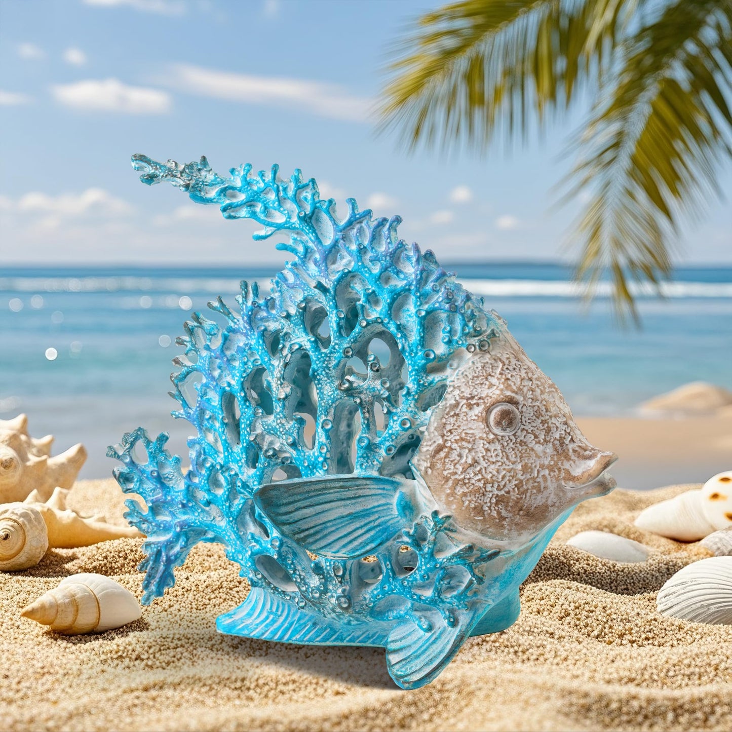 VVGIFTS Beach Coastal Decor Coral Reef Angelfish Home Office Desk Decor Sculpture Statue for Tabletop Shelf Bathroom Decoration Ornament Gift (Turquoise and Blue)