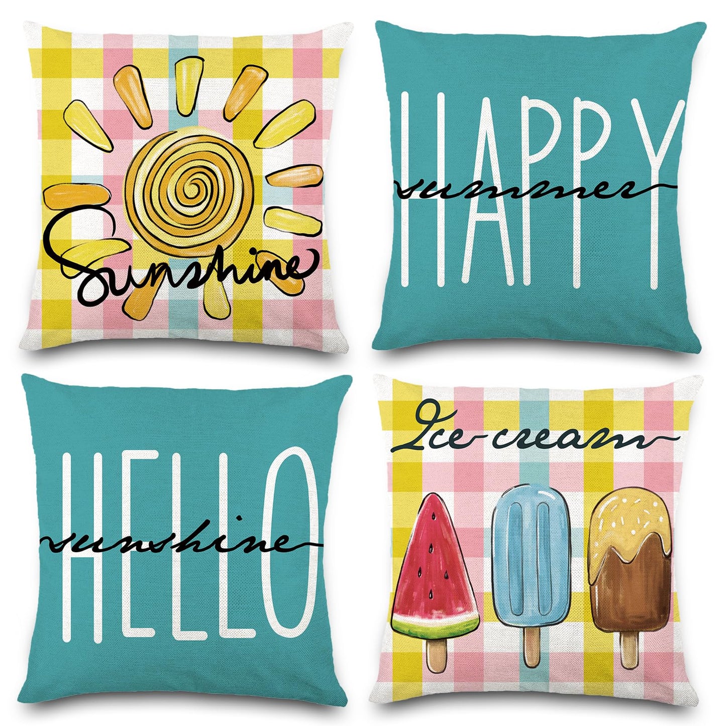 Vellibring Summer Pillow Covers 18x18 Happy Summer Throw Pillow Covers Hello Sunshine Ice Cream Pillow Covers for Farmhouse Decoration Indoor Outdoor Home Decor